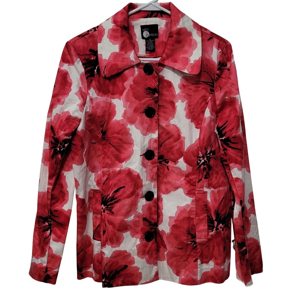 First Option Women Floral Print Blazer Jacket Red White Black Size 12